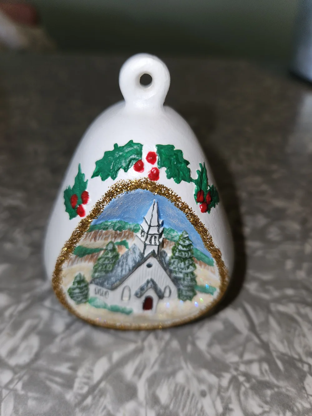 White Bell Ornament with Holly and Winter Chapel Scene